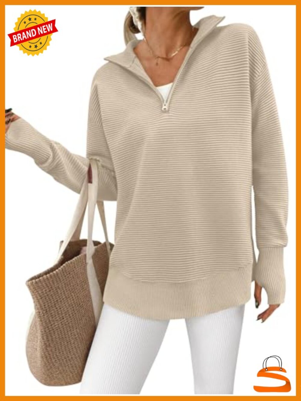 Womens Ribbed Knit Quarter Zip Pullover Sweater Long Sleeve V-Neck